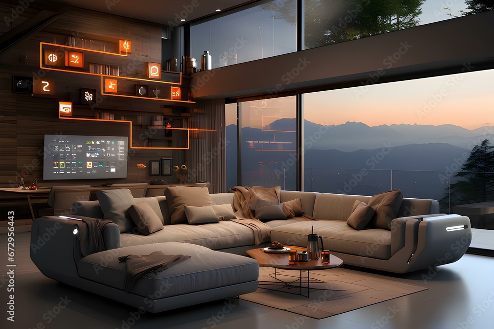 Inside a minimalist smart home, interconnected devices create a seamless and stylish interior, generative AI Inside a minimalist smart home, interconnected devices create a seamless and stylish interior, generative AI