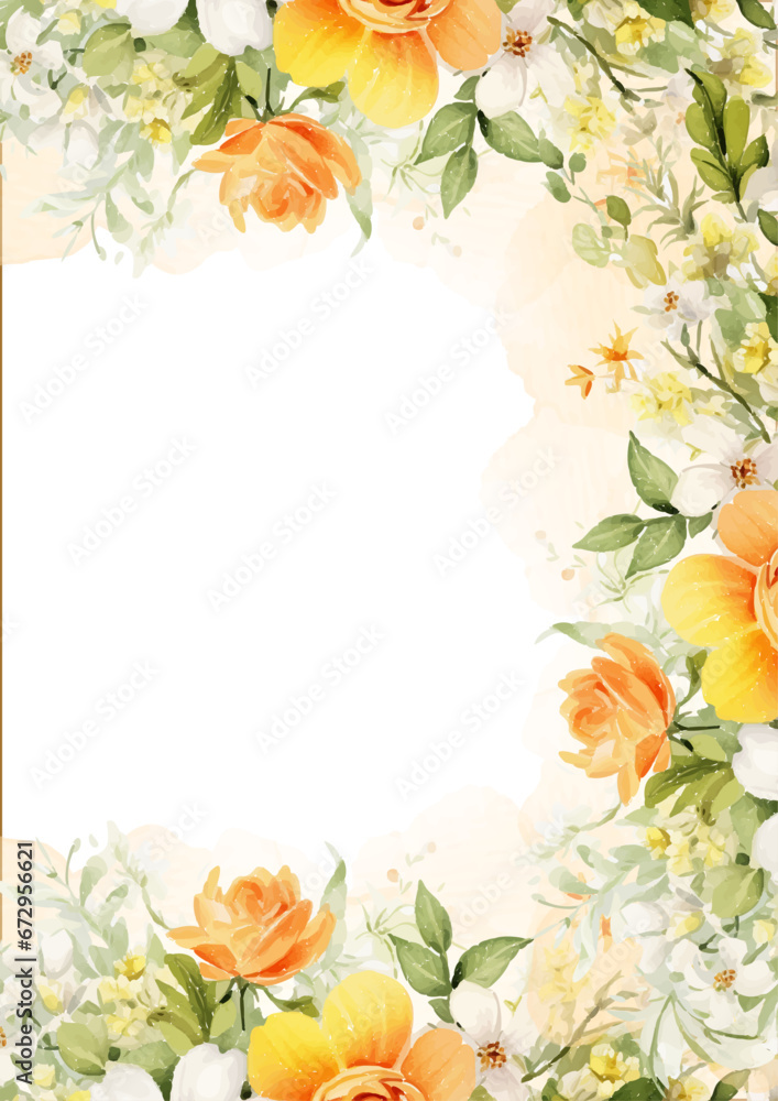 Orange and white elegant watercolor background with flora and flower