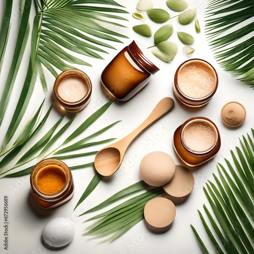 Composition with jars of cosmetic products, wooden spoons and palm leaf on light background