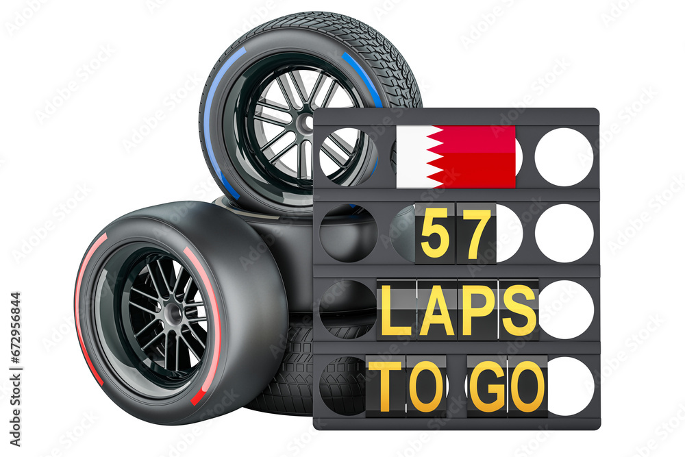 Bahraini racing, pit board with flag of Bahrain and racing wheels with