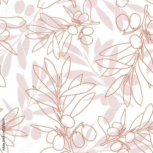 Seamless red olive pattern. Greek olives on branches with leaves, hand drawn sketch vector illustration. Greek olive floral decoration fresh can be used for textile.