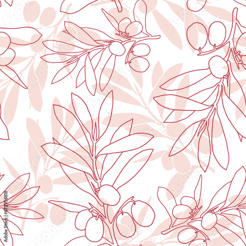 Seamless brown olive pattern. Greek olives on branches with leaves, hand drawn sketch vector illustration. Greek olive floral decoration fresh can be used for textile.