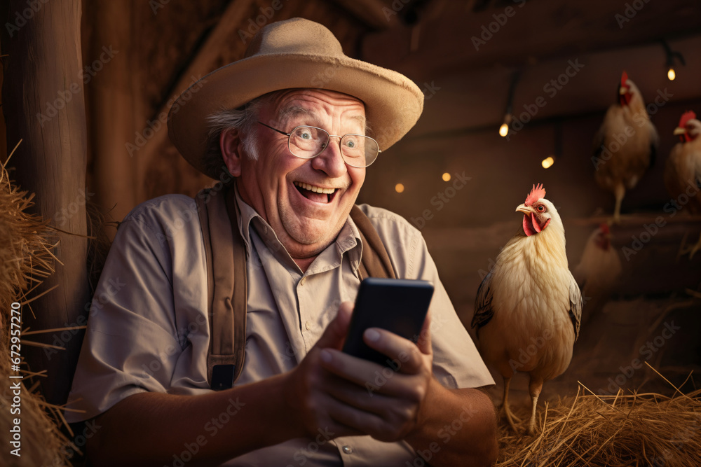 Φωτογραφία portrait of a funny old man, a villager, he sits on hay in barn of ranch, and la