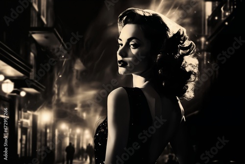 Portrait of a beautiful fashionable woman with a hairstyle, in a city street, at night. Black and white photo in the style of 1960