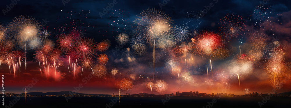 fireworks over night city sky, holiday background, bright colorful lights - obrazy, fototapety, plakaty 