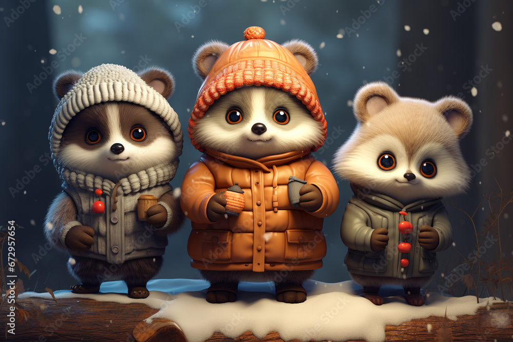Obraz premium cute couple of animals are warmly dressed in winter, wrapped in cozy, natural fur or feathers. adorable huddle together, exchanging warmth love, warm and not freeze in the cold. animal kingdom.