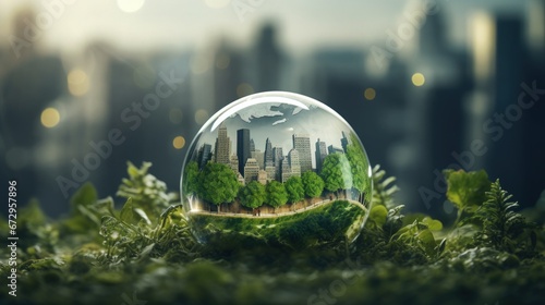 The dream of an eco-city enclosed in a crystal ball, with the agglomeration in the background. photo