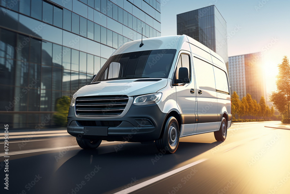 Modern delivery and retail service van. Transport logistics concept. Background with selective focus and copy space Modern delivery and retail service van. Transport logistics concept. Background with selective focus and copy space