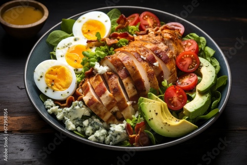 Appetizing Cobb salad. Traditional American cuisine. Popular authentic dishes. Background with selective focus