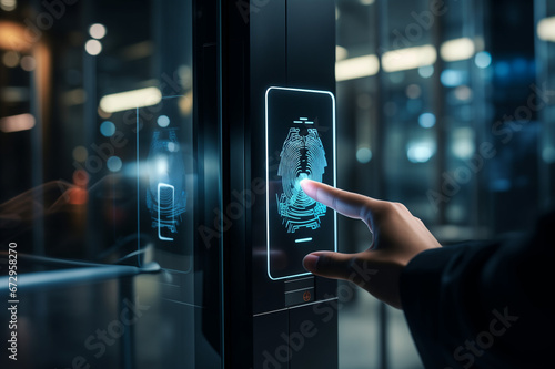 Touching a Ekey, Close-up of the Access control systems, fingerprint reader on a black glass door photo