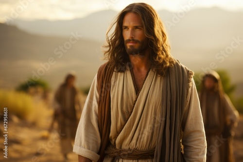 Jesus Christ on a journey. Religious concept with selective focus and copy space photo