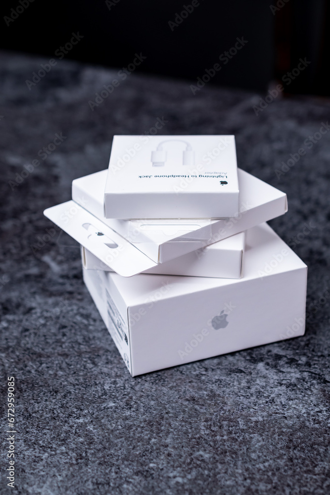 Jurmala, Latvia 21 09 2023 Four white boxes from Apple devices are in a stack. First unboxing