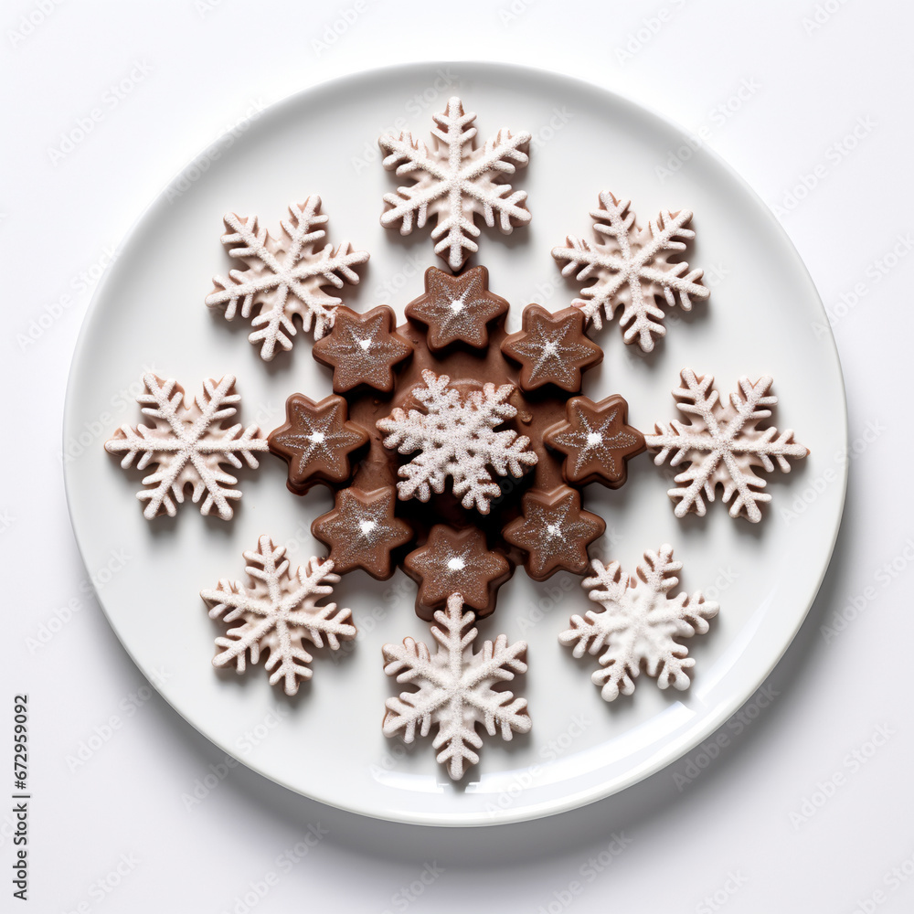 plate of christmas chocolate in the shape of multiple snowman, AI Generative. plate of christmas chocolate in the shape of multiple snowman, AI Generative.
