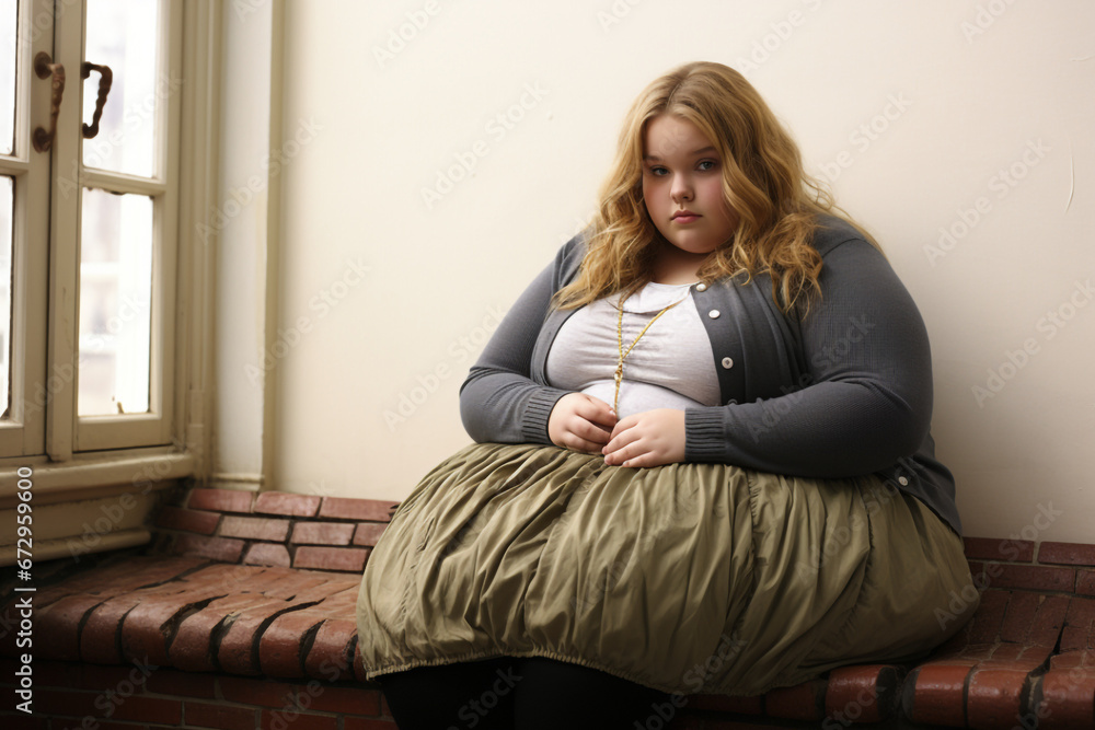 photography of an obese 26yo woman in casual outfit on a white background photography of an obese 26yo woman in casual outfit on a white background