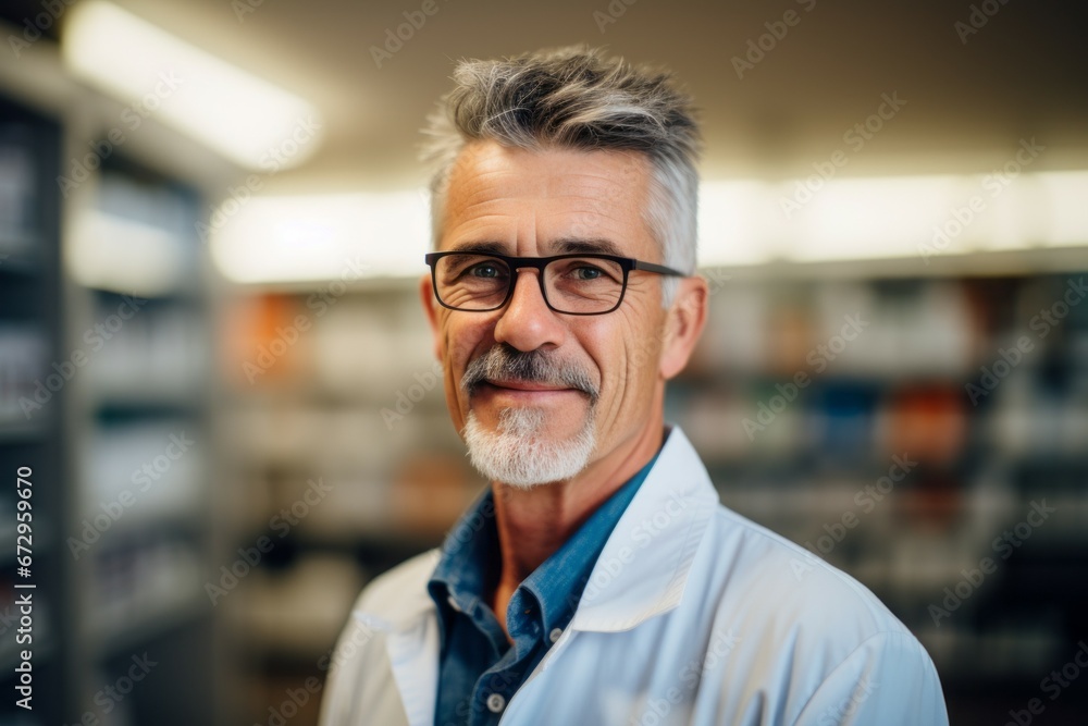 Male pharmacist. Portrait with selective focus and copy space