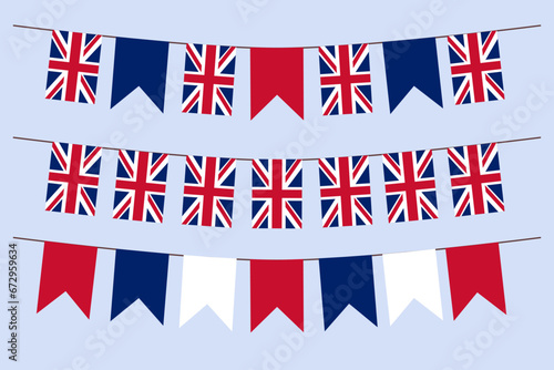 Union Jack Flag bunting garland Isolated. Rectangle UK flag with ribbon on string elements for decoration.