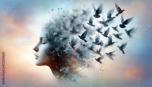 A face as it dissolves into a cloud of birds, each bird flying away represents a fragment of self and identity scattering into the ether; disintegration of one's sense of self.
