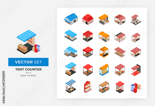 Market stall, tent counter isometric set elements. Vector collection street tent canopy kiosk, supermarket snack counter, amusement park tent, street food, event market. Isolated eps10, color editable photo