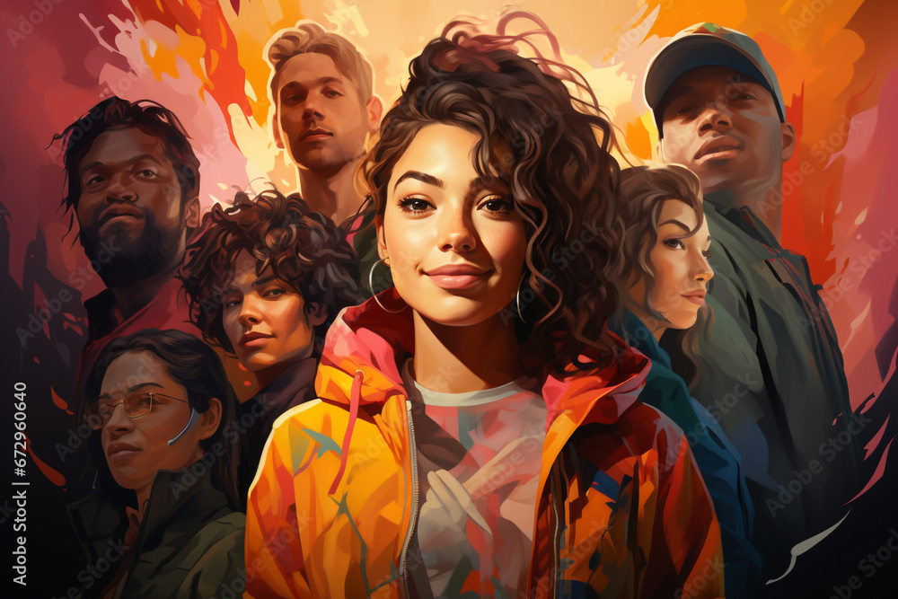 Illustration of Generation Z, multiculturalism, inclusivity, youngest generation of global citizens Illustration of Generation Z, multiculturalism, inclusivity, youngest generation of global citizens