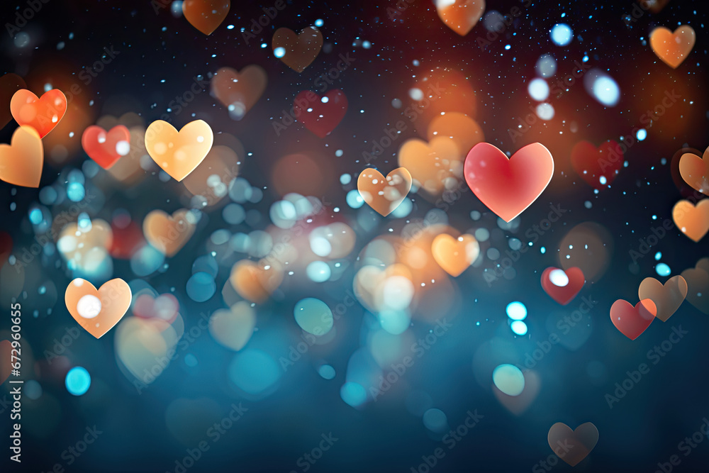 Valentine day background with hearts, sparks and lustrious light, in the style of light red and dark azure - obrazy, fototapety, plakaty 