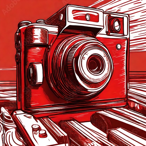 a cartoony, monochromatic, red and white camera, with a red background photo