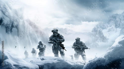 Soldiers in snowy mountain pass