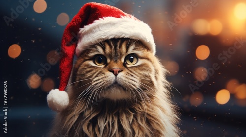 Fluffy cat wearing a Santa hat with a soft-focused bokeh background.
