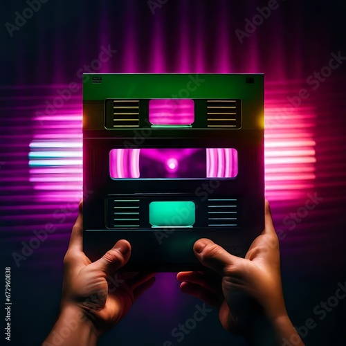 hands holding a vhs video cassette, dramatic lighting with glowing green light, in the style of dark pink and light amber, photorealistic surrealism, light cyan and violet, hdr photo