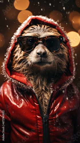 Relaxed sloth in red winter coat and sunglasses under falling snow.
