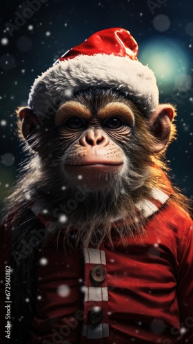 Chimpanzee dressed in a Santa suit with a snowfall background, evoking holiday cheer. 