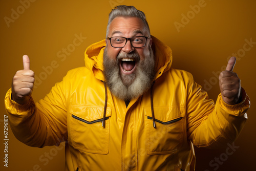 Excited fat man celebrating success. Happy plus size bearded man on yellow background