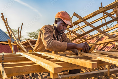 An African American carpenter is building a roof from wooden beams.