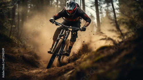 Mountain Bike rider on blurred mud dirt rainy mountain road photo
