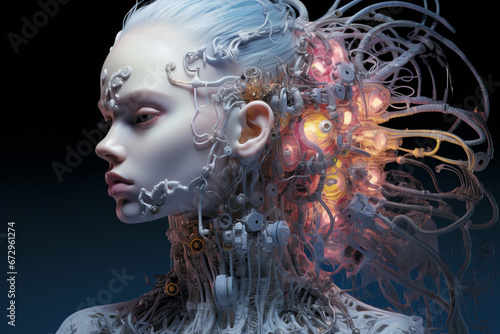 Grimes as an AI human hybrid Realistic diorama of abomination fractal Non-Euclidean geometry