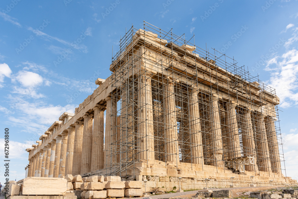 The facade of the Temple of Parthenon in Acropolis Athens hill, Greece - ancient temple with colonnade