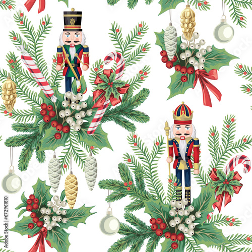 Nutcracker, mistletoe, fir branch, candy cane and Christmas tree toy seamless pattern. Winter New year wallpaper.