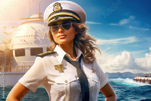 A young woman in the uniform of a captain of a sea liner. photo