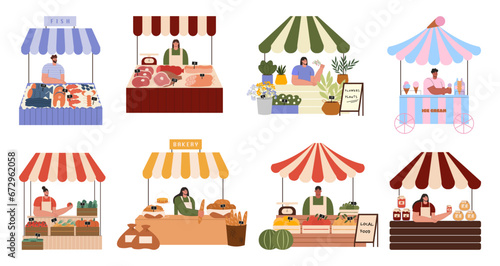 Street market fair. Outdoor market stalls vector flat illustration. People selling fish, bakery, meat, vegetables, fruits, plants, jam and icecream. Local market stalls. .