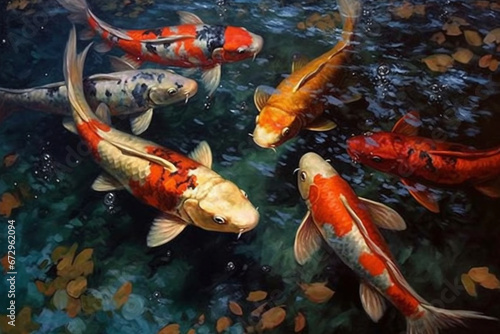 Nine koi oil painting, clear water, realistic © The Picture House