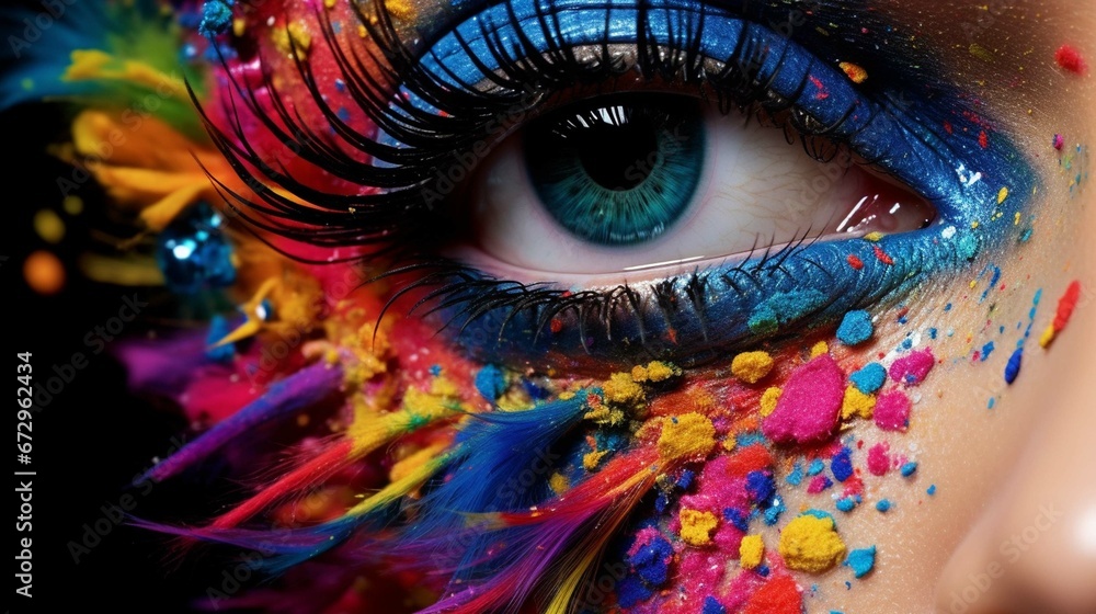 Conceptual creative photo of a female eye close-up in the form of splashes, explosion, and dripping paint isolated on a black background. generative ai