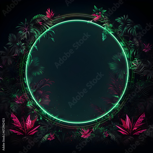 Circular neon green frame with tropical leaves and flowers. Generative ai. 