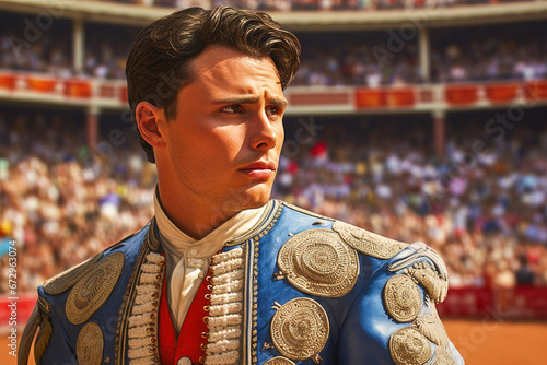 Portrait of a bullfighter in a Spanish corrida arena in a symbolic costume.