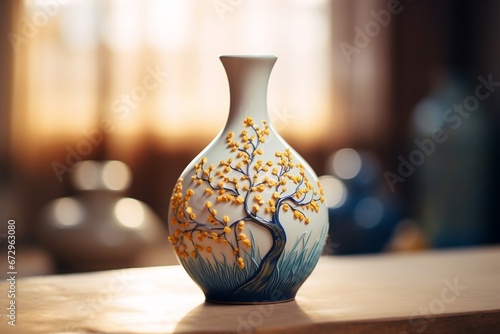 Handmade ceramic vase with intricate hand-painted details photo