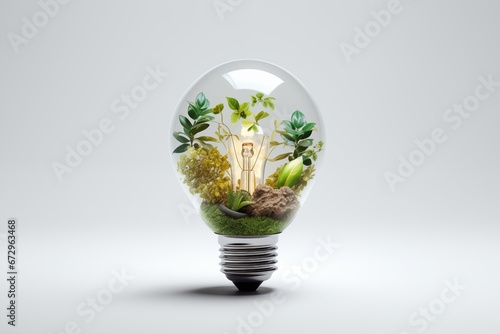 light bulb with leafs imitated and leaves inside, ecological 