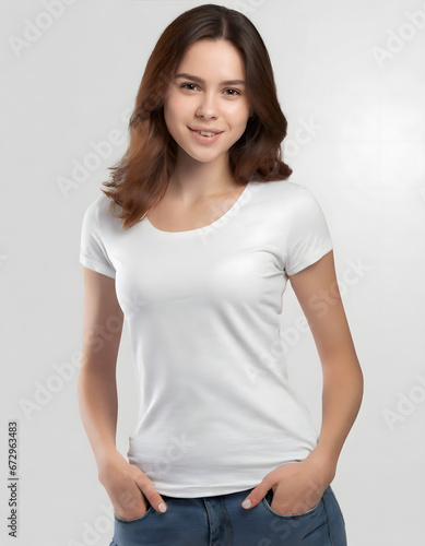 Woman portrait modeling a white shirt in white background