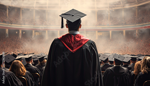 Back view image of graduate student in graduation cap and gown watching the audience.