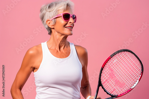 Gray-haired woman with a tennis racket on a pink background.