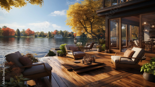 waterfront wooden deck, charming terrace with lounge zone and lake view on sunny autumn day photo