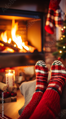 Feet in woolen socks by the Christmas fireplace. Person relaxing by the fire with a cup of hot drink. Close-up. Concept of winter vacations and Christmas.