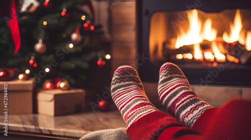 Feet in woolen socks by the Christmas fireplace. Person relaxing by the fire with a cup of hot drink. Close-up. Concept of winter vacations and Christmas.